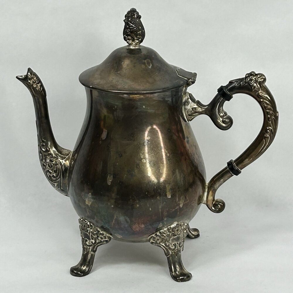 Vtg EP Brass Silver Plated Footed Tea Coffee Pot Hinged Lid Floral Hong Kong